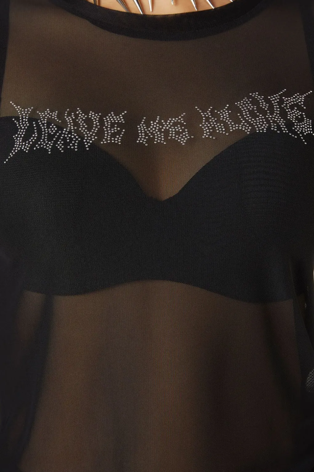 Diamante Leave Me Alone Mesh Flare Sleeve Top